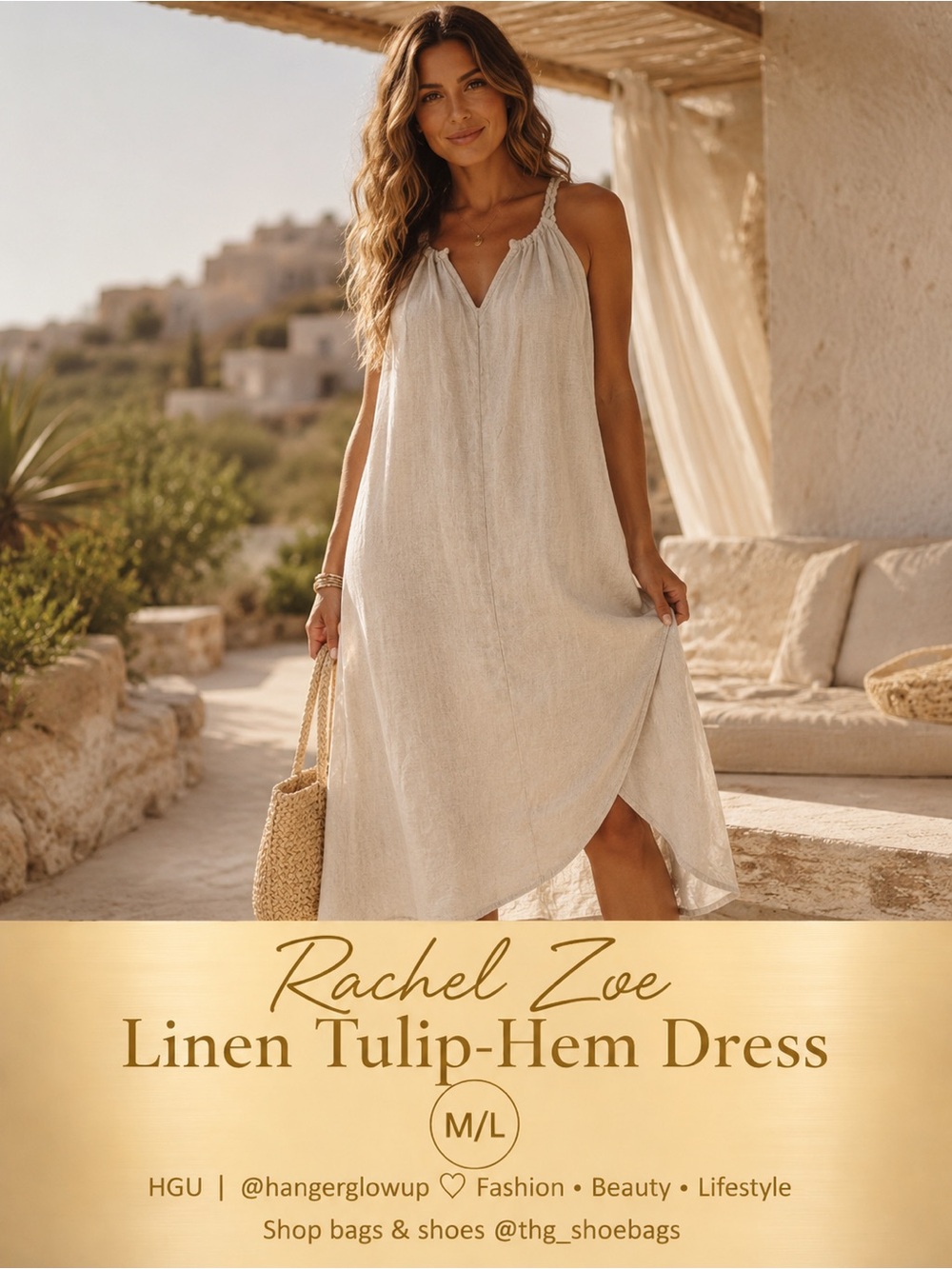Rachel Zoe 100% Linen Braided Strap Midi Dress | Oatmeal Beige M/L